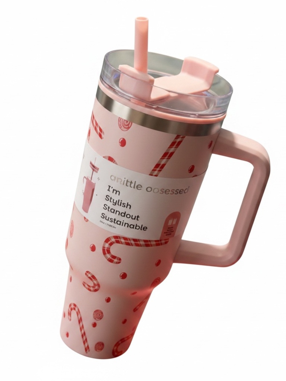 A Little Obsessed 40 oz Tumbler Pink Candy Cane Polka Dot Holiday Christmas NWT